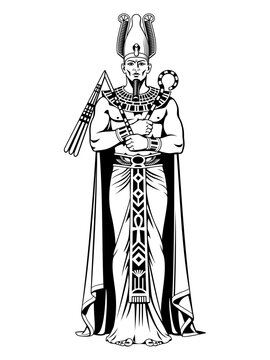 Osiris. Ancient Egyptian God. Black and white vector clipart.