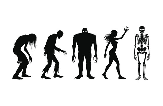 Spooky Halloween Monster Silhouettes and Skeleton Character Vector Set