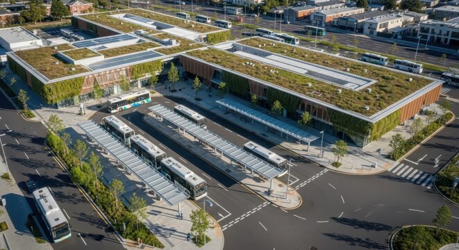 Modern Bus Station Complex Featuring Green Roofs and Multiple Platforms for Public Transit