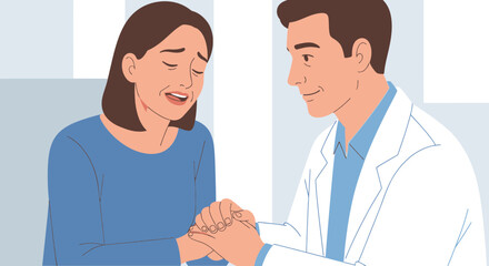 Fototapeta premium Doctor comforting distressed patient, hands held, empathy in medical care.