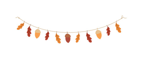 Autumn oak leaves and acorns garland, cozy fall bunting banner with stringed decor hanging on twine for Thanksgiving party. © Oksana Karpova