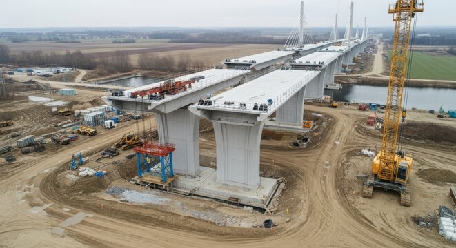 Modern Segmental Bridge Construction Underway, Showcasing Large-Scale Engineering and Infrastructure Development