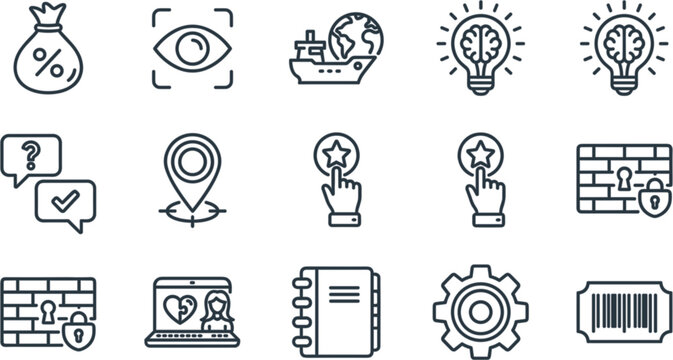 Business logistics and digital technology line icon set featuring money bag brain lightbulb firewall security eye scan barcode and global shipping vector