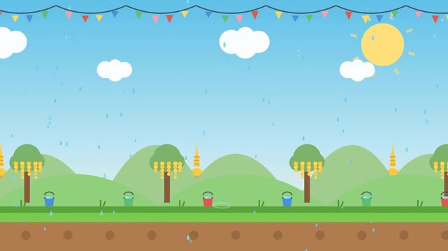 2D background illustration of Thailand water festival. Flat design landscape features splashing water, colorful party flags, golden pagodas, buckets, green trees, and a sunny summer sky