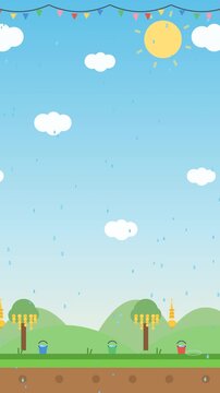 2D background illustration of Thailand water festival. Flat design landscape features splashing water, colorful party flags, golden pagodas, buckets, green trees, and a sunny summer sky. Vertical