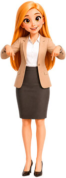 A cute female teacher pointing downward with both hands