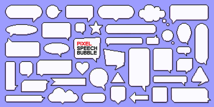 Set of 8 bit pixel speech bubble, dialogue box, video game interface and computer or mobile gaming text message frame. Comic star, heart, cloud and cyberspace pattern paper sticker for business.