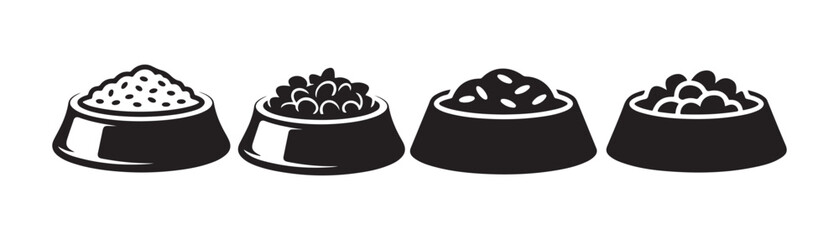 Dog food bowls filled with different types of kibble and treats in flat black vector design style. © MdAshiqur
