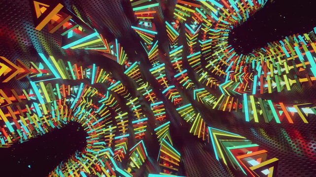 Hypnotic seamless loop of a futuristic geometric array. Abstract digital system made of rotating triangular prisms, crystalline lattices and textured metal grids, creating deep abstract background.