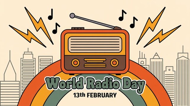 World Radio Day celebration with vintage radio, music notes, and city skyline illustration.