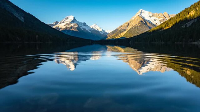 A single water ripple expands across a perfectly still alpine lake reflecting snow-capped mountain peaks and evergreen forests under a clear blue sky during golden hour.