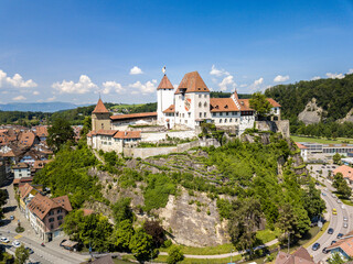 Drone image of the medieval castle of Burgdorf, which was built in 11th century. It is a Swiss heritage site of national significance. © Siyue