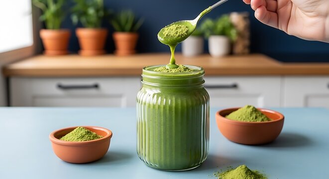A hand drizzles vibrant green powder into a jar on a blue surface, bowls of powder near