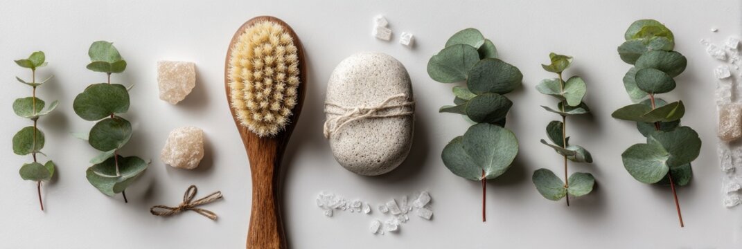 Natural spa still life featuring eucalyptus leaves body brush exfoliating sponge and sea salt rocks for relaxation eucalyptus wellness relaxation skincare aromatherapy botanical