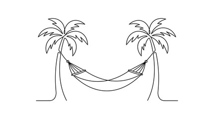 Minimalist continuous one line drawing of a hammock between palm trees for summer travel concept © Wafa