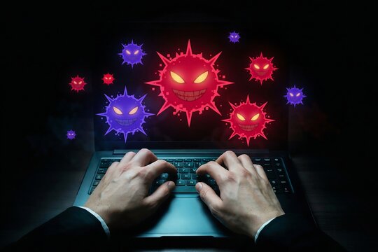 Close up of hands typing on a laptop with glowing red and purple computer virus icons above