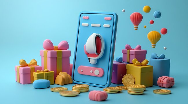 Smartphone with spinning wheel, surrounded by gifts, coins, and hot air balloons on blue background