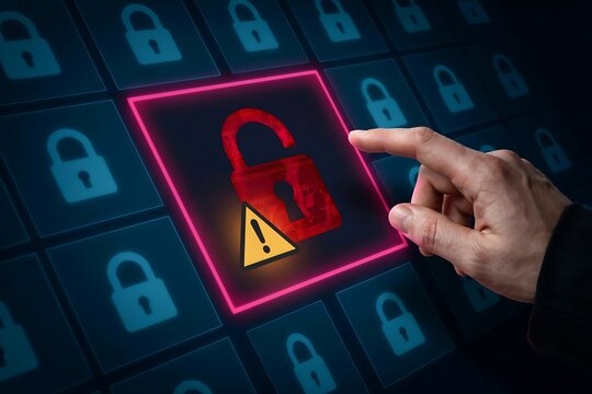 Hand touching a digital screen showing a red unlocked padlock with a warning alert icon