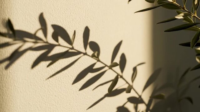 Shadow of an olive branch cast on a textured beige wall by warm golden hour sunlight, featuring natural leaf silhouettes and minimalist composition with clean surface.