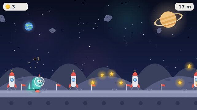 Cute 2D endless runner platformer game screen featuring a cute astronaut character on a moon surface level with space rockets, glowing stars, Saturn planet, and dark outer space