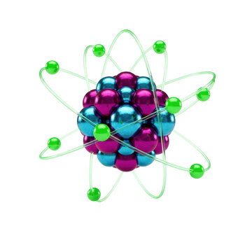 highly detailed stylized 3d atom model with magenta protons, cyan neutrons, and orbiting fluorescent green electrons, on a white background with copy space, concept of atomic structure and complexity