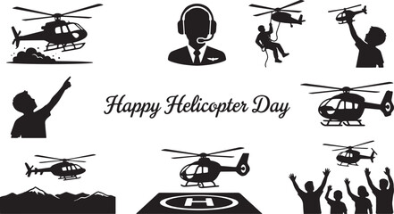 Obraz premium Happy Helicopter Day vector silhouette set, aviation icons with pilot and rescue chopper, flight transport collection for world helicopter day isolated on Transparent Background
