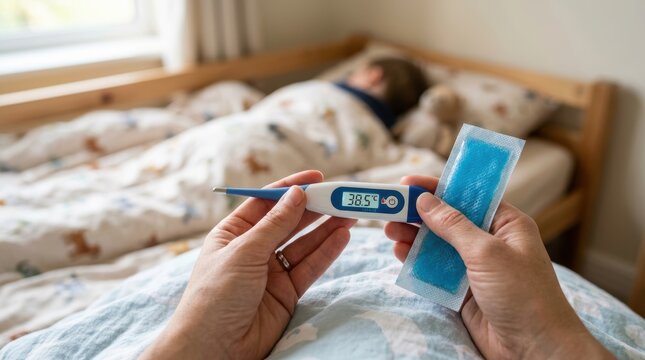 Person holding a digital thermometer showing 38 5 degrees Celsius and a cold pack while a child rests in bed