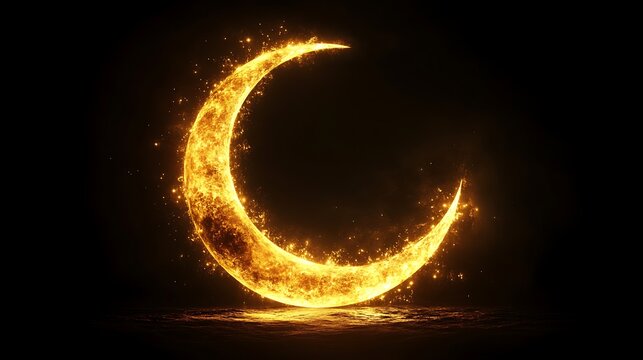 Crescent moon glowing with fire particles and light effects