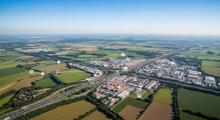 Obraz premium Aerial view of a global logistics and supply chain network connecting urban and rural areas with digital technology overlays