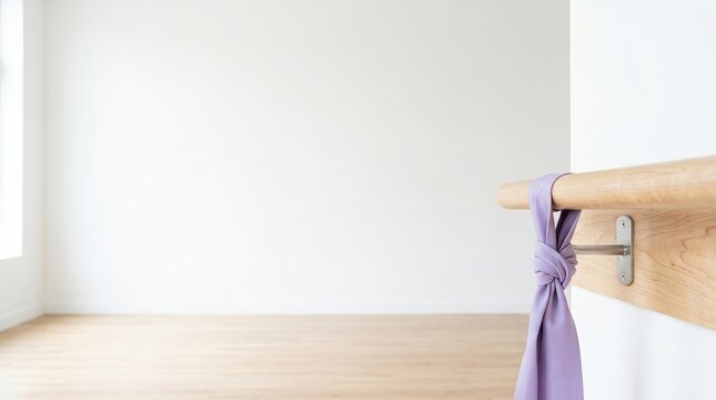 A wooden barre with a purple fabric tied to it in a bright empty studio room dance