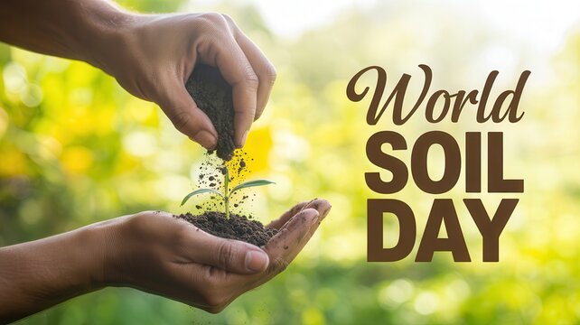 World Soil Day with hands nurturing a young plant seedling in rich soil against a bright natural green background