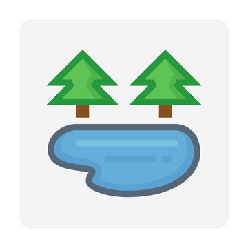 Forest pond vector icon, flat color style. Editable stroke. Natural landscape symbol with evergreen trees and freshwater pond representing woodland, park, wildlife habitat, nature reserve.