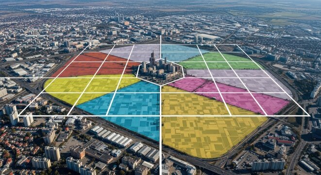 Aerial view of urban zoning grid with color-coded districts and city skyline, showcasing land use planning and development