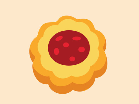 Flat vector round cookie with jam filling for cafe menus, dessert branding, and baking projects.
