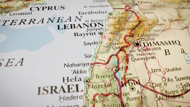 israel to lebanon road map on detailed atlas, gliding view over