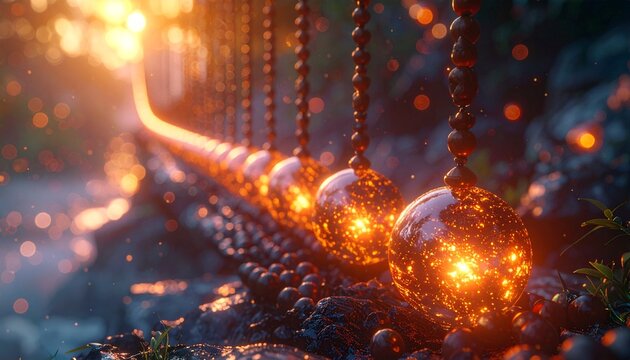 Enchanting Chain of Orbs Illuminating a Mystical Forest Path.