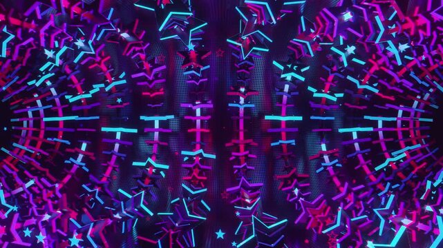 Seamless VJ loop with glowing neon stars abstract structure and psychedelic motion for high-tech club visuals, electronic music festivals, stage screens and for LED video walls