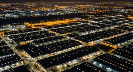 Obraz premium Expansive Industrial Zone at Night with Illuminated Warehouses and City Skyline