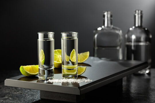 Mexican silver tequila with lime and salt.