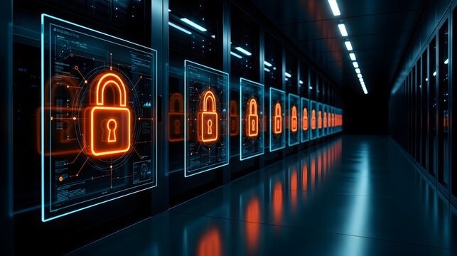 Cybersecurity data center protects enterprise infrastructure with glowing digital padlocks securing server racks against cyber threats and maintaining cloud privacy