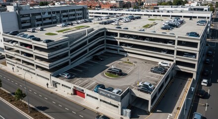 Fototapeta premium Modern Urban Multi-Level Parking Structure Filled With Cars, Aerial View of City Infrastructure