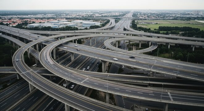 Massive Freeway Interchange With Numerous Elevated Overpasses and Vehicles