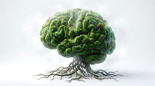 Human brain tree with root system symbolizing mental growth and stability wellness grounding stability consciousness