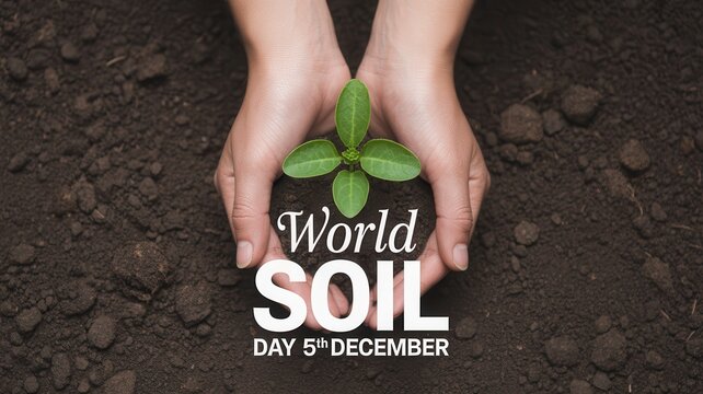 World Soil Day 5th December concept with human hands holding a young plant in dark soil, captured from a top view.