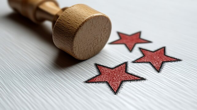 Wooden stamp and red star stickers on white surface glittery stars black outline