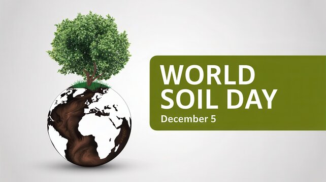 World Soil Day banner with green tree growing on earth globe made of soil on light background