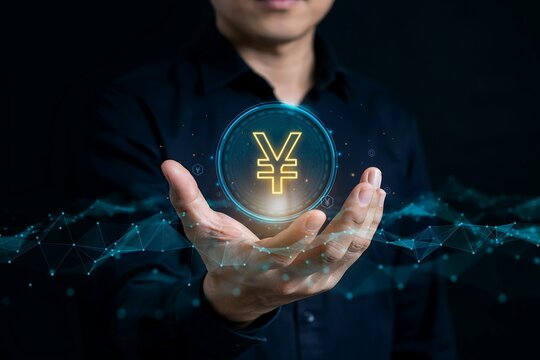 Businessman holding a glowing Japanese Yen currency sign in a digital financial network space
