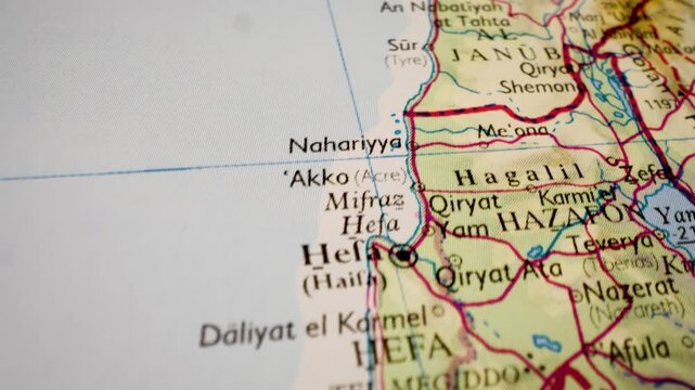 israel to lebanon road map on detailed atlas, gliding view over