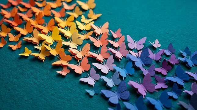 Gradient of paper butterflies from warm orange to cool blue on dark background with butterflies gradient colorful creative