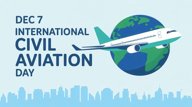 International Civil Aviation Day, December 7, with airplane, globe and city skyline
